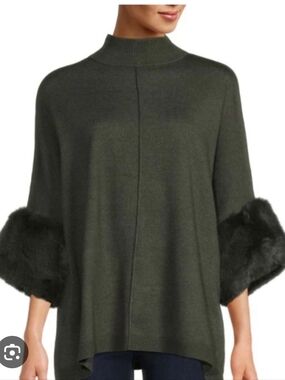 Saks Fifth Avenue Mock Turtleneck Faux Fur Trim Poncho size XS